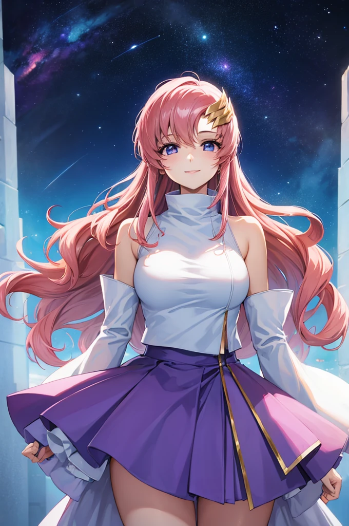 (masterpiece:1.3), (best quality:1.1), (8k, ultra detailed, ultra high res:1.2), ((anime style)), perfect 5 fingers, perfect anatomy, 
1girl,
BREAK long hair, wavy hair, pink hair, purple eyes, shoot from front, 
BREAK(white Turtle Neck, purple skirt, detached sleeves, shoulder hole tops), 
BREAK looking at viewer, smile, standing, 
(cowboy shot1.2), (detailed background:1.2), (outdoor, outside, space, the cosmos, galaxy:1.2), 