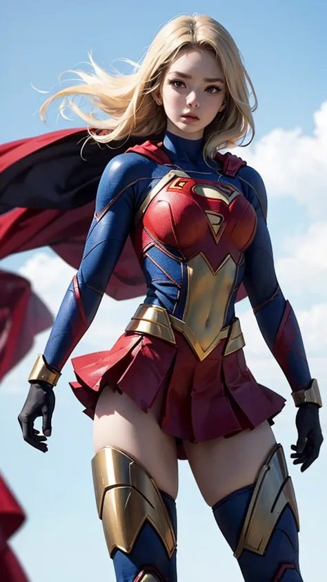 supergirl、woman、22 years old、woman体型、large breasts、blonde、mechanical suit、