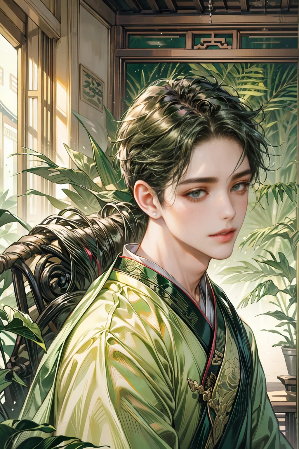 (((best quality))),masterpiece,ultra high resolution,extraordinarily beautiful youth, a bright, innocent smile,All green clothing,((boy 20 year old, green hanfu,green clothing, Chinese shirt style)) ,boy character ,((Thick black long hair)),beautiful face,detailed interior, detailed boy,((man)),(in bamboo forest), house China style, pure white lotus,beautiful and cute boy ,black eyes,((solo man)),(he has a Big eyes, charming lips, slim nose and small face),(slim figures ),