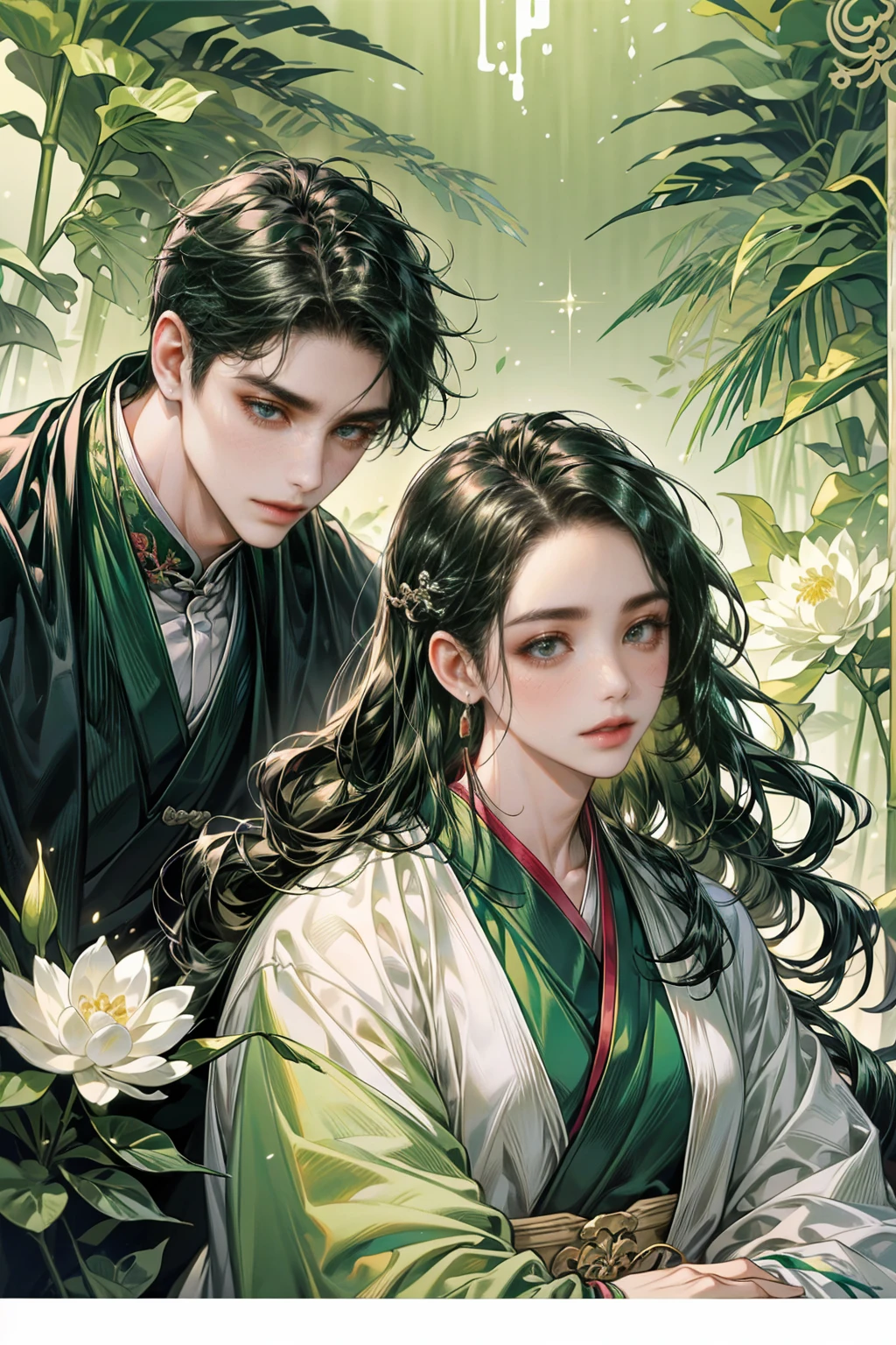 (((best quality))),masterpiece,ultra high resolution,extraordinarily beautiful youth, a bright, innocent smile,All green clothing,((boy 20 year old, green hanfu,green clothing, Chinese shirt style)) ,boy character ,((Thick black long hair)),beautiful face,detailed interior, detailed boy,((man)),(in bamboo forest), house China style, pure white lotus,beautiful and cute boy ,black eyes,((solo man)),(he has a Big eyes, charming lips, slim nose and small face),(slim figures ),