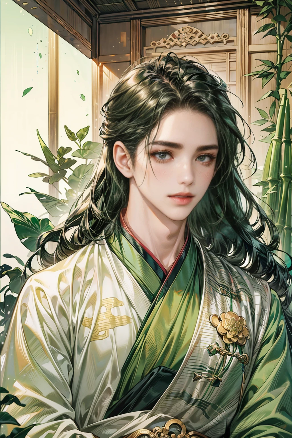 (((best quality))),masterpiece,ultra high resolution,extraordinarily beautiful youth, a bright, innocent smile,All green clothing,((boy 20 year old, green hanfu,green clothing, Chinese shirt style)) ,boy character ,((Thick black long hair)),beautiful face,detailed interior, detailed boy,((man)),(in bamboo forest), house China style, pure white lotus,beautiful and cute boy ,black eyes,((solo man)),(he has a Big eyes, charming lips, slim nose and small face),(slim figures ),