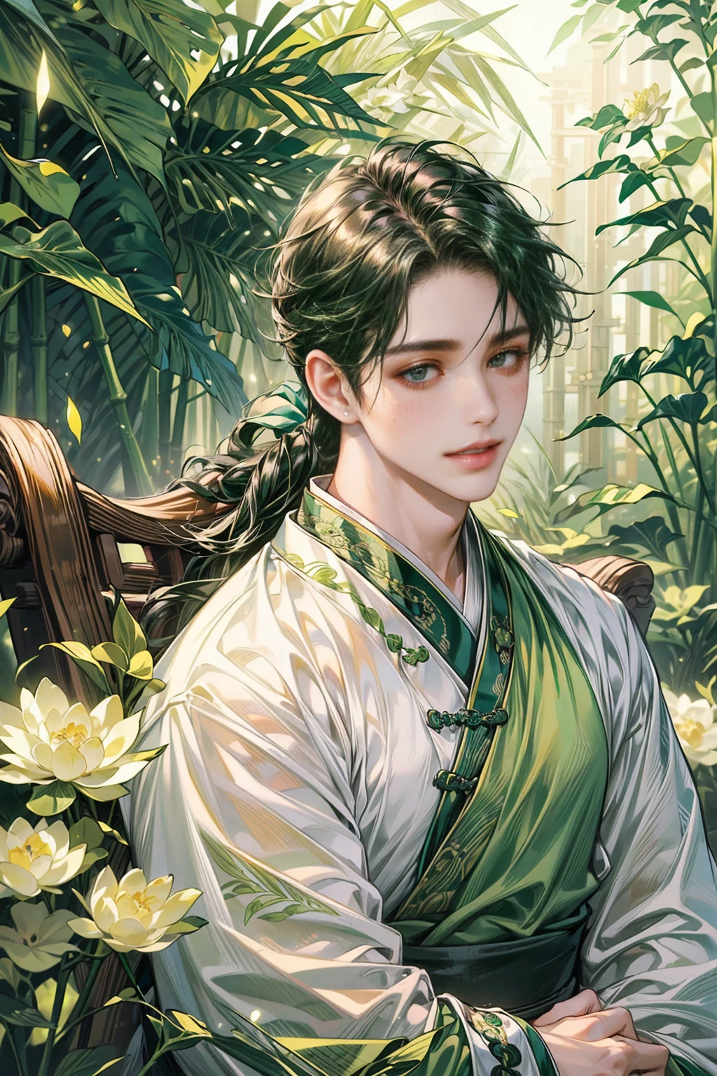 (((best quality))),masterpiece,ultra high resolution,extraordinarily beautiful youth, a bright, innocent smile,All green clothing,((boy 20 year old, green hanfu,green clothing, Chinese shirt style)) ,boy character ,((Thick black long hair)),beautiful face,detailed interior, detailed boy,((man)),(in bamboo forest), house China style, pure white lotus,beautiful and cute boy ,black eyes,((solo man)),(he has a Big eyes, charming lips, slim nose and small face),(slim figures ),