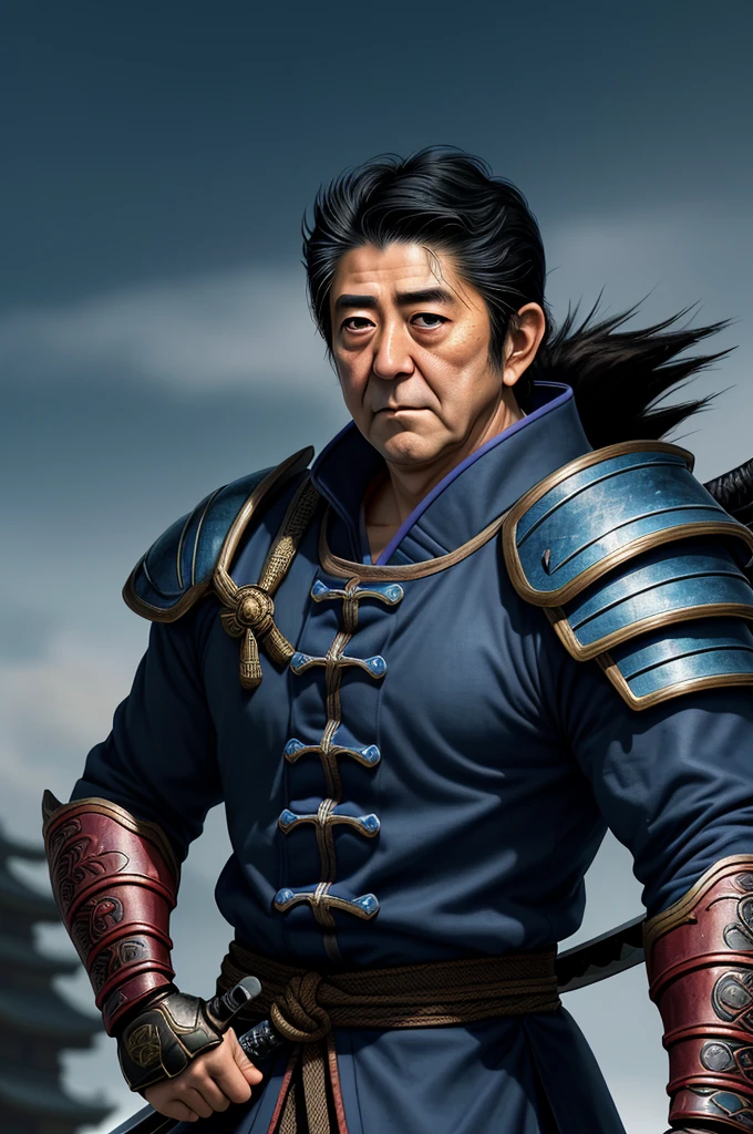 Highest quality，High resolution，((Shinzo Abe)) ，Kenshiro，Fist of the North Star，samurai，One person，warrior，armor，（dark blue_coat），Evening sky_background，male，One personで，Middle Age，（face_Wrinkles），Swordsman，strongest，Anime Style，(Limbs)，(Full Finger)，(Accurate fingertips), (The finer details), (Super detailed)，(Japanese sword:)，4K，(high resolution)，whole body, (Front angle), Looking at the camera,masterpiece，(Subtle details)，(Intricate details)，Octane Rendering，(Hyper Detail)，