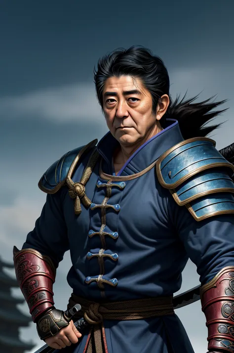 highest quality，high resolution，((shinzo abe)) ，kenshiro，fist of the north star，samurai，one person，warrior，armor，（dark blue_coat...