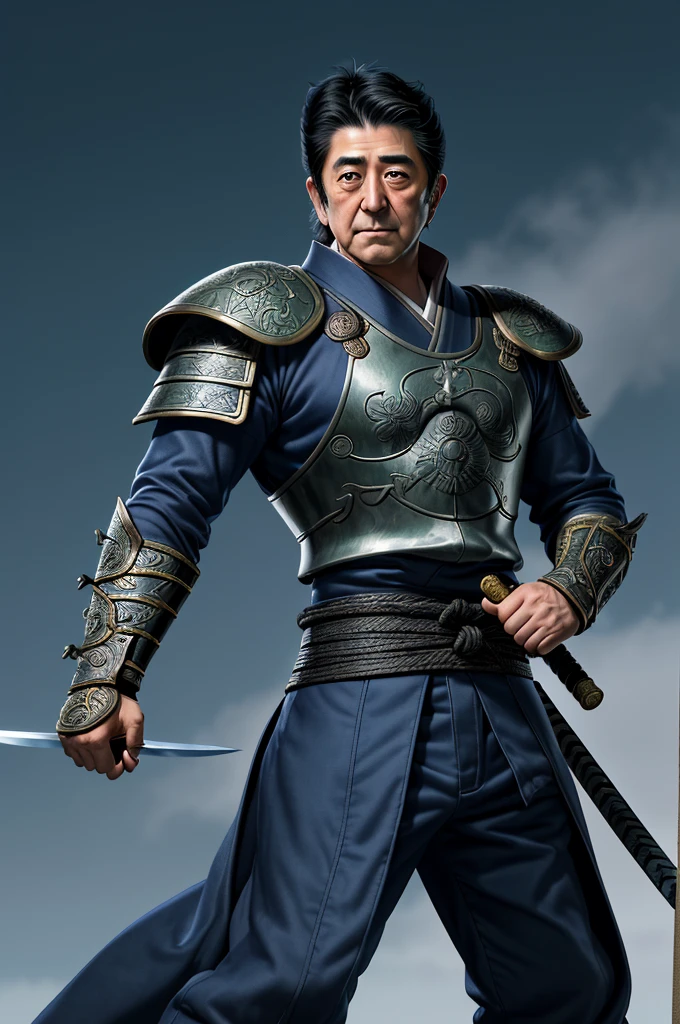 Highest quality，High resolution，((Shinzo Abe)) ，Kenshiro，Fist of the North Star，samurai，One person，warrior，armor，（dark blue_coat），Evening sky_background，male，One personで，Middle Age，（face_Wrinkles），Swordsman，strongest，Anime Style，(Limbs)，(Full Finger)，(Accurate fingertips), (The finer details), (Super detailed)，(Japanese sword:)，4K，(high resolution)，whole body, (Front angle), Looking at the camera,masterpiece，(Subtle details)，(Intricate details)，Octane Rendering，(Hyper Detail)，