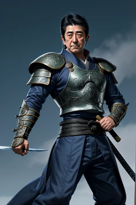 highest quality，high resolution，((shinzo abe)) ，kenshiro，fist of the north star，samurai，one person，warrior，armor，（dark blue_coat...