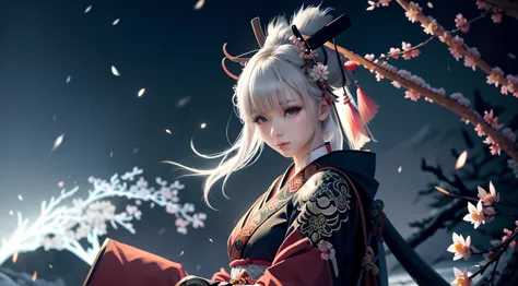 anime - style image of a short-white hair warrior woman, clothes only have white and black colour, samurai kimono, empty hand, w...