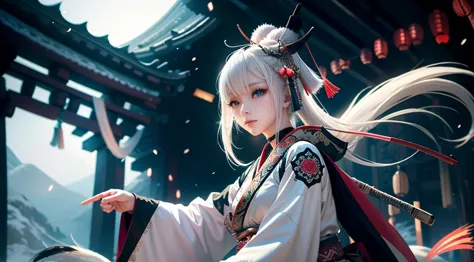 anime - style image of a short-white hair warrior woman, clothes only have white and black colour, samurai kimono, empty hand, w...