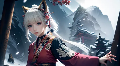 anime - style image of a short-white hair warrior woman, clothes only have white and black colour, samurai kimono, empty hand, w...