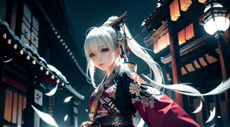 anime - style image of a short-white hair warrior woman, clothes only have white and black colour, samurai kimono, empty hand, w...