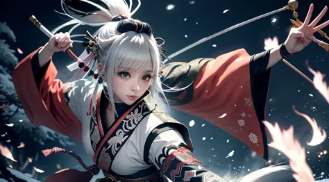 anime - style image of a short-white hair warrior woman, clothes only have white and black colour, samurai kimono, empty hand, w...