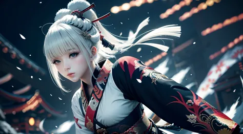 anime - style image of a short-white hair warrior woman, clothes only have white and black colour, samurai kimono, empty hand, w...