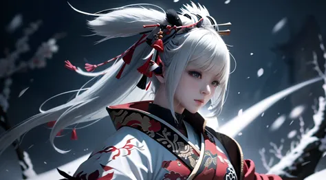 anime - style image of a short-white hair warrior woman, clothes only have white and black colour, samurai kimono, empty hand, w...