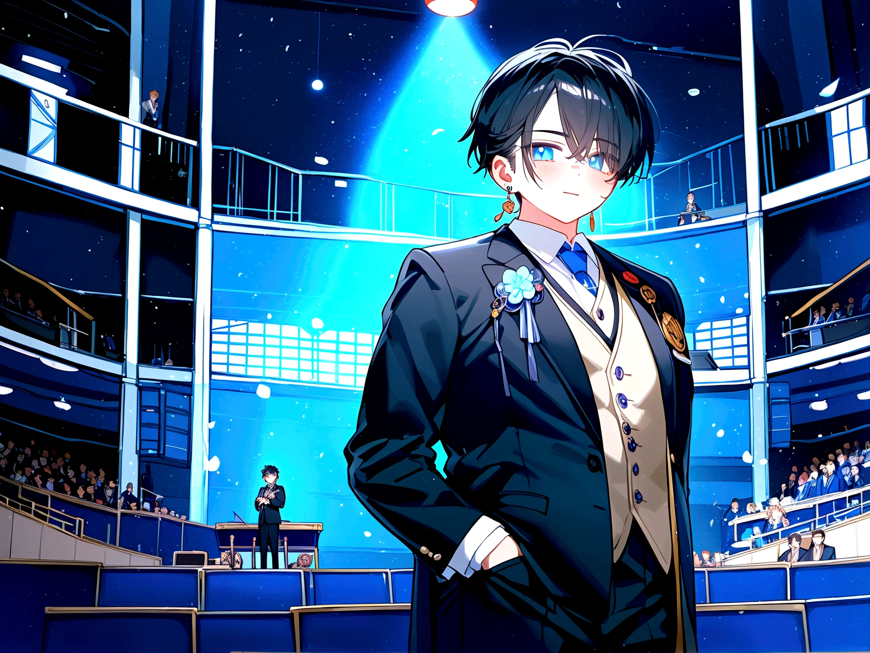 1boy, Anime figure in suit and tie standing in front of a stage, pretty anime pose, Big anime guy with blue eyes, Anime moe art style, in a strict suit, He's wearing a suit, Young Anime Man, inspired by Okumura Masanobu, inspired by Okumura Togyu, Anime handsome man, handsome guy in demon slayer art, Treble clef as earring, concert hall background