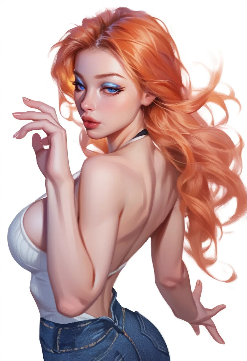 fuzzy, traditional art, Liu2, brush texture, check_9, check_8_up, check_7_up, 1 girl, orange hair, up to the shoulder blades, straight hair, long hair, Blue eyes, Plump lips, Long eyelashes, half-closed eyes, adult, beautiful make-up, big breasts, blue eyeshadow, Looking at the viewer, BREAK solo, standing, adult, skinny, high leg, arched back, hip gap, BREAK (White background:1.2), simple background, dynamic pose, dynamic angle, Corner shot, casual wear, Beautiful anatomy, perfect hands, High-quality fingers, good hands, high detail, detailed art