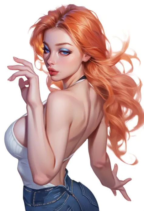 fuzzy, traditional art, Liu2, brush texture, check_9, check_8_up, check_7_up, 1 girl, orange hair, up to the shoulder blades, st...