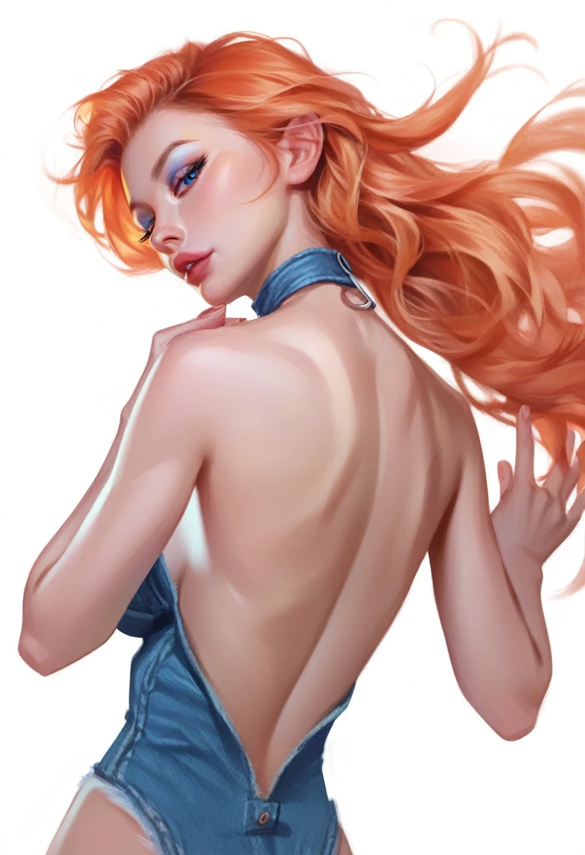 fuzzy, traditional art, Liu2, brush texture, check_9, check_8_up, check_7_up, 1 girl, orange hair, up to the shoulder blades, straight hair, long hair, Blue eyes, Plump lips, Long eyelashes, half-closed eyes, adult, beautiful make-up, big breasts, blue eyeshadow, Looking at the viewer, BREAK solo, standing, adult, skinny, high leg, arched back, hip gap, BREAK (White background:1.2), simple background, dynamic pose, dynamic angle, Corner shot, casual wear, Beautiful anatomy, perfect hands, High-quality fingers, good hands, high detail, detailed art