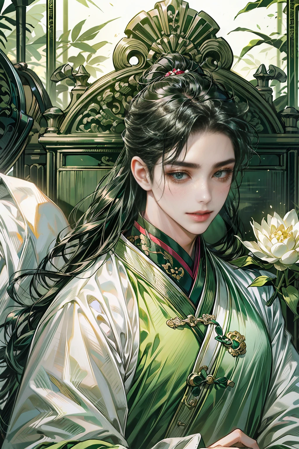 (((best quality))),masterpiece,ultra high resolution,extraordinarily beautiful youth, a bright, villains smile,All green clothing,((boy 24 year old, green hanfu,green clothing, Chinese shirt style)) ,boy character ,((Thick black long hair)),beautiful face,detailed interior, detailed boy,((man)),(in bamboo forest), house China style, pure white lotus,beautiful and cute boy ,black eyes,((solo man)),(he has a Big eyes, charming lips, slim nose and small face),(slim figures ),ponytail and 冠, Hiogi fan,Japanese fan ,very long hair, thick hair, black hair ,eyes detailed,hand model,