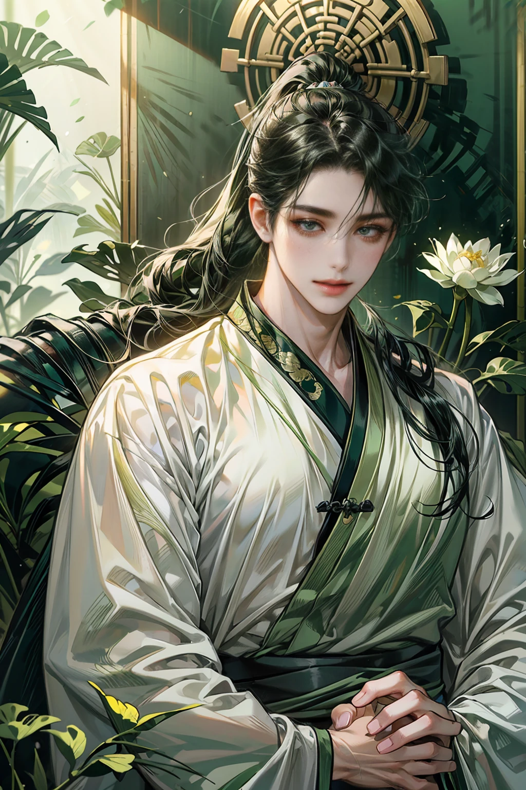 (((best quality))),masterpiece,ultra high resolution,extraordinarily beautiful youth, a bright, villains smile,All green clothing,((boy 24 year old, green hanfu,green clothing, Chinese shirt style)) ,boy character ,((Thick black long hair)),beautiful face,detailed interior, detailed boy,((man)),(in bamboo forest), house China style, pure white lotus,beautiful and cute boy ,black eyes,((solo man)),(he has a Big eyes, charming lips, slim nose and small face),(slim figures ),ponytail and 冠, Hiogi fan,Japanese fan ,very long hair, thick hair, black hair ,eyes detailed,hand model,