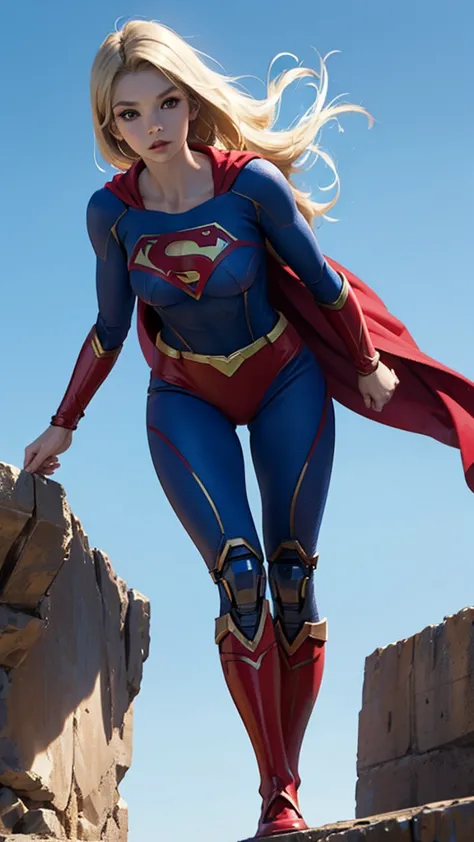 supergirl、woman、22 years old、woman体型、large breasts、blonde、mechanical suit