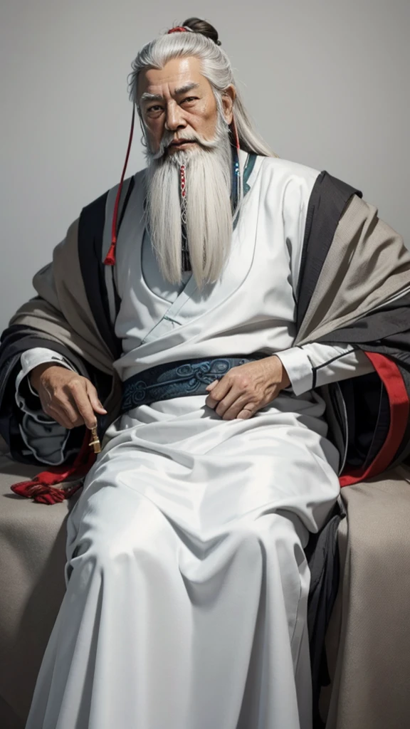 Oriental、Old man in plain white ancient Chinese costume、Ancient Chinese hairstyle old man、Highest quality、masterpiece、Ultra-high resolution、(Realistic:1.4)、Game Poster、Crisp and beautiful image quality、Gray Hair、white and long beard,,(whole body)、Dragging the hem、