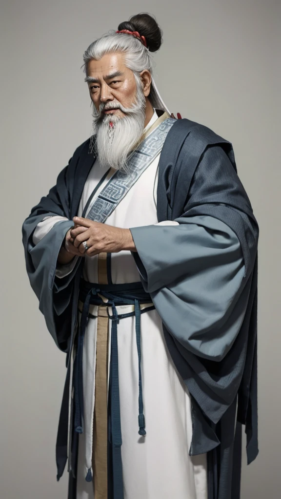 Oriental、Old man in plain white ancient Chinese costume、Ancient Chinese hairstyle old man、Highest quality、masterpiece、Ultra-high resolution、(Realistic:1.4)、Game Poster、Crisp and beautiful image quality、Gray Hair、white and long beard,,(whole body)、Dragging the hem、