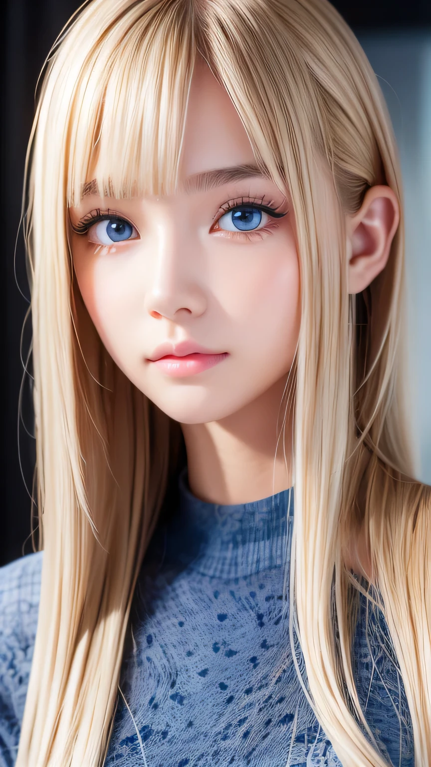 Dressed、(Realistic:1.4)、(ハイパーRealistic:1.4)、(Realistic:1.3)、(Smooth lighting:1.05)、(Improving the quality of cinema lighting:0.9)、32k、1 Girl、Very cute look、Beautiful 16 year old blonde girl、Bangs on the face、Leave icy bangs between the eyes and nose、Realistic top lighting、Backlight、Face Light、Super long silky platinum blonde hair、Blonde rays、(Bright light:1.2)、(Quality improvement:1.4)、(Highest quality realistic textured skin:1.4)、so beautiful, detailed, Shiny, Very bright, Mint Blue, Big eyes、とてもBig eyes、detailedな顔、A careful eye for quality、(tired, Sleepy and satisfied: 0.0)、Face close-up、T-Shirts、(Accentuates body lines:1.1)、(Enhances the beauty of skin texture:1.1)、Cheek Gloss Highlighter、Small Face Beauty、Round face