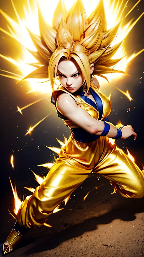 super saiyan girl、masterpiece、high quality、high resolution、realistic、japanese、woman、cute、young、white skin、blonde、spiky hair、athl...