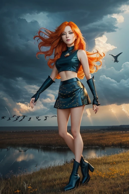 1 girl, Alone, ((lamentable)),Dark flowering, Orange hair, yellow eyes, Boots, black skirt, gloves, black shirt, Alas, bright clothes, Masterpiece, Best Quality, tweak_pretty eyes:0.8 with a storm in the background, flock of migratory birds passing by, combine