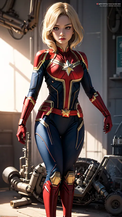 captain marvel、woman、22 years old、woman体型、large breasts、blonde、mechanical suit