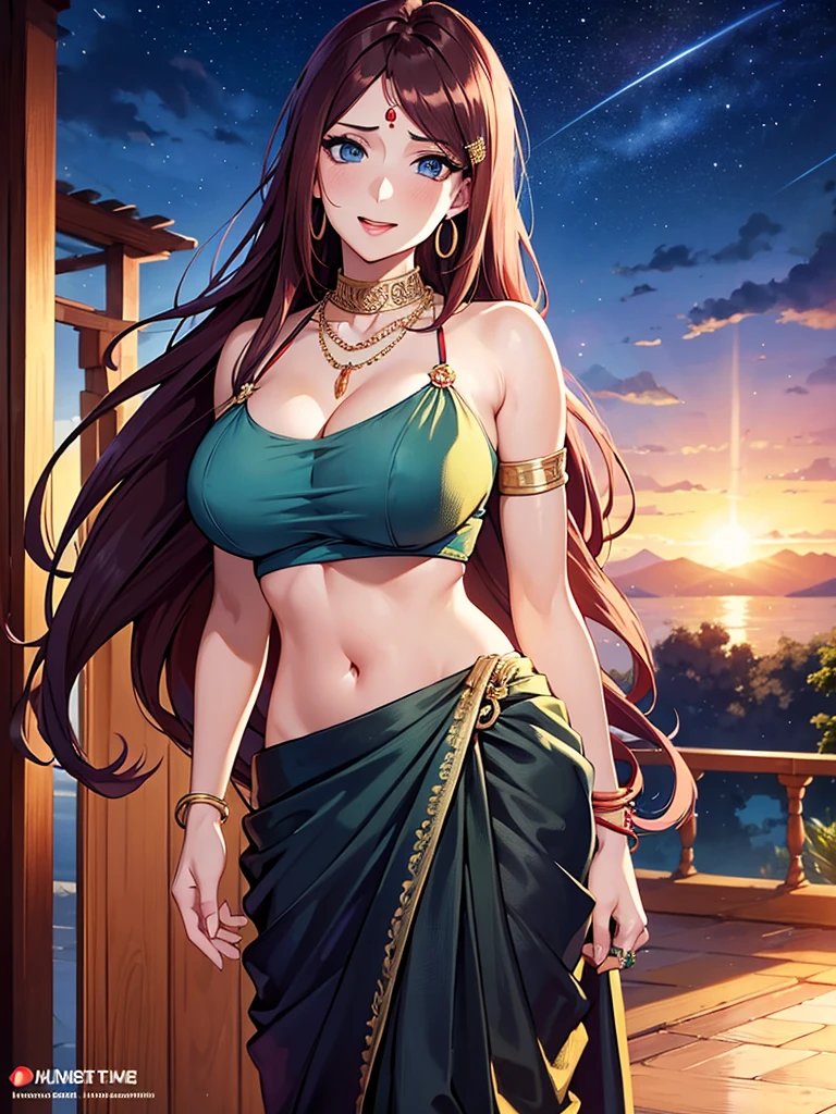 (absurderes, A high resolution, Ultra detailed, hdr), Masterpiece, Best quality, Portrait of an Indian uzumaki_kushina, extreme realistic very beautiful, animated style, closeup shot, anime in a((())) indian dress (((saree))), long black wavy hair untied, head jewellery, necklace, earings, armlets, bangles and bracelets, rings, pleasant expression, bright big blue eyes, natural beauty, vibrant colors,night sky, romantic, soft lighting, vintage aesthetic,huge breast,navel, cleavage ,standing ,mouth open, saliva,tongue out,face on front