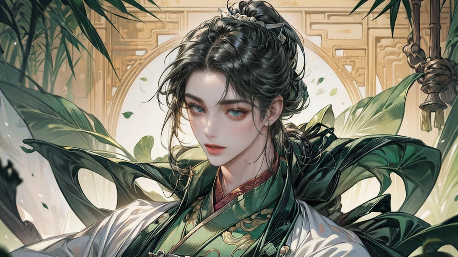 xianxia, (((best quality))),masterpiece,ultra high resolution,extraordinarily beautiful youth, a bright, villains smile,All green clothing,((boy 24 year old, green hanfu,green clothing, Chinese shirt style)) ,boy character ,((Thick black long hair)),beautiful face,detailed interior, detailed boy,((man)),(in bamboo forest), house China style, pure white lotus,beautiful and cute boy ,black eyes,((solo man)),(he has a Big eyes, charming lips, slim nose and small face),(slim figures ),ponytail and 冠, Hiogi fan,Japanese fan ,very long hair, thick hair, black hair ,eyes detailed,pony tails,