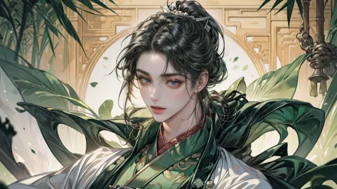 xianxia, (((best quality))),masterpiece,ultra high resolution,extraordinarily beautiful youth, a bright, villains smile,All gree...