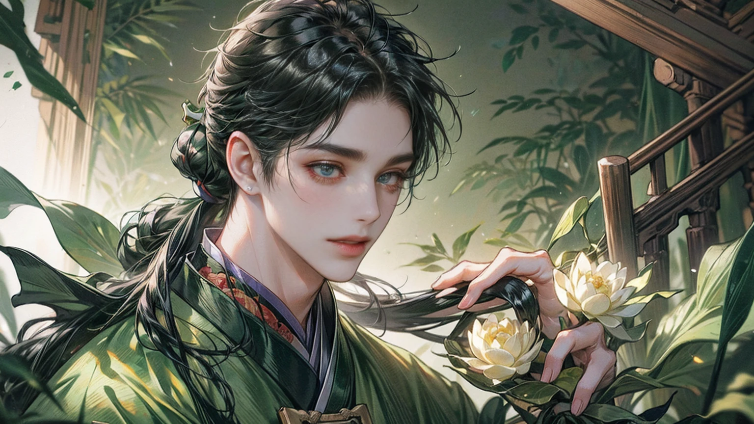 xianxia, (((best quality))),masterpiece,ultra high resolution,extraordinarily beautiful youth, a bright, villains smile,All green clothing,((boy 24 year old, green hanfu,green clothing, Chinese shirt style)) ,boy character ,((Thick black long hair)),beautiful face,detailed interior, detailed boy,((man)),(in bamboo forest), house China style, pure white lotus,beautiful and cute boy ,black eyes,((solo man)),(he has a Big eyes, charming lips, slim nose and small face),(slim figures ),ponytail and 冠, Hiogi fan,Japanese fan ,very long hair, thick hair, black hair ,eyes detailed,pony tails,