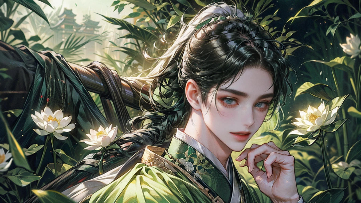 xianxia, (((best quality))),masterpiece,ultra high resolution,extraordinarily beautiful youth, a bright, villains smile,All green clothing,((boy 24 year old, green hanfu,green clothing, Chinese shirt style)) ,boy character ,((Thick black long hair)),beautiful face,detailed interior, detailed boy,((man)),(in bamboo forest), house China style, pure white lotus,beautiful and cute boy ,black eyes,((solo man)),(he has a Big eyes, charming lips, slim nose and small face),(slim figures ),ponytail and 冠, Hiogi fan,Japanese fan ,very long hair, thick hair, black hair ,eyes detailed,pony tails,