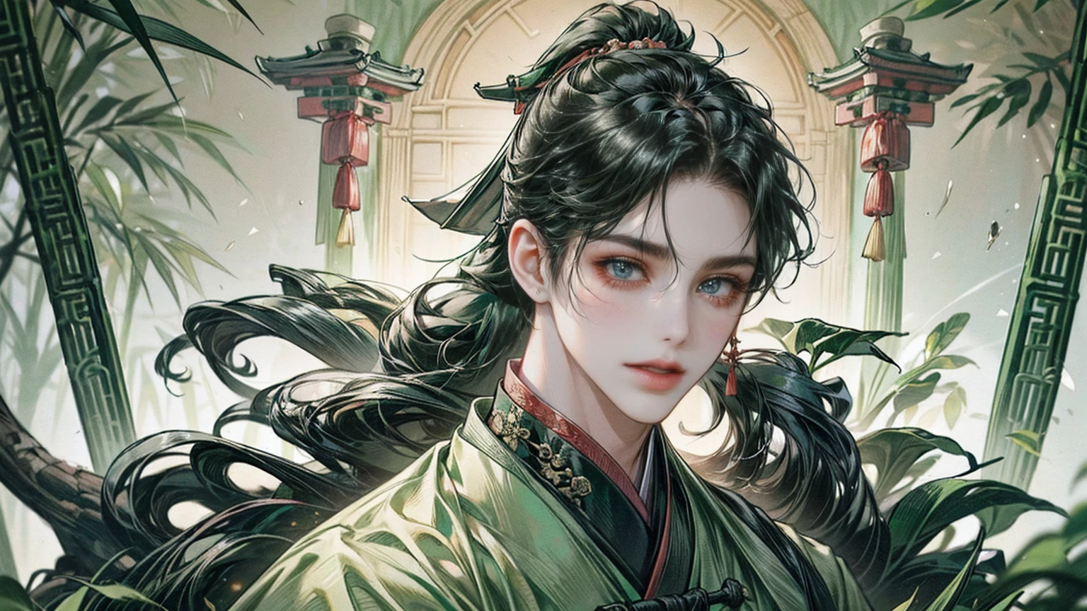 xianxia, (((best quality))),masterpiece,ultra high resolution,extraordinarily beautiful youth, a bright, villains smile,All green clothing,((boy 24 year old, green hanfu,green clothing, Chinese shirt style)) ,boy character ,((Thick black long hair)),beautiful face,detailed interior, detailed boy,((man)),(in bamboo forest), house China style, pure white lotus,beautiful and cute boy ,black eyes,((solo man)),(he has a Big eyes, charming lips, slim nose and small face),(slim figures ),ponytail and 冠, Hiogi fan,Japanese fan ,very long hair, thick hair, black hair ,eyes detailed,pony tails,