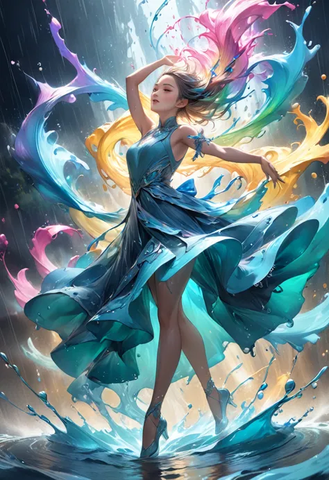 

           ( perfect anatomy ) 美麗且極其細膩的質感  rain中的動漫女孩 美麗完美的臉     一個穿著連衣裙(Holographic fabric)  Full body photo of woman dancing...