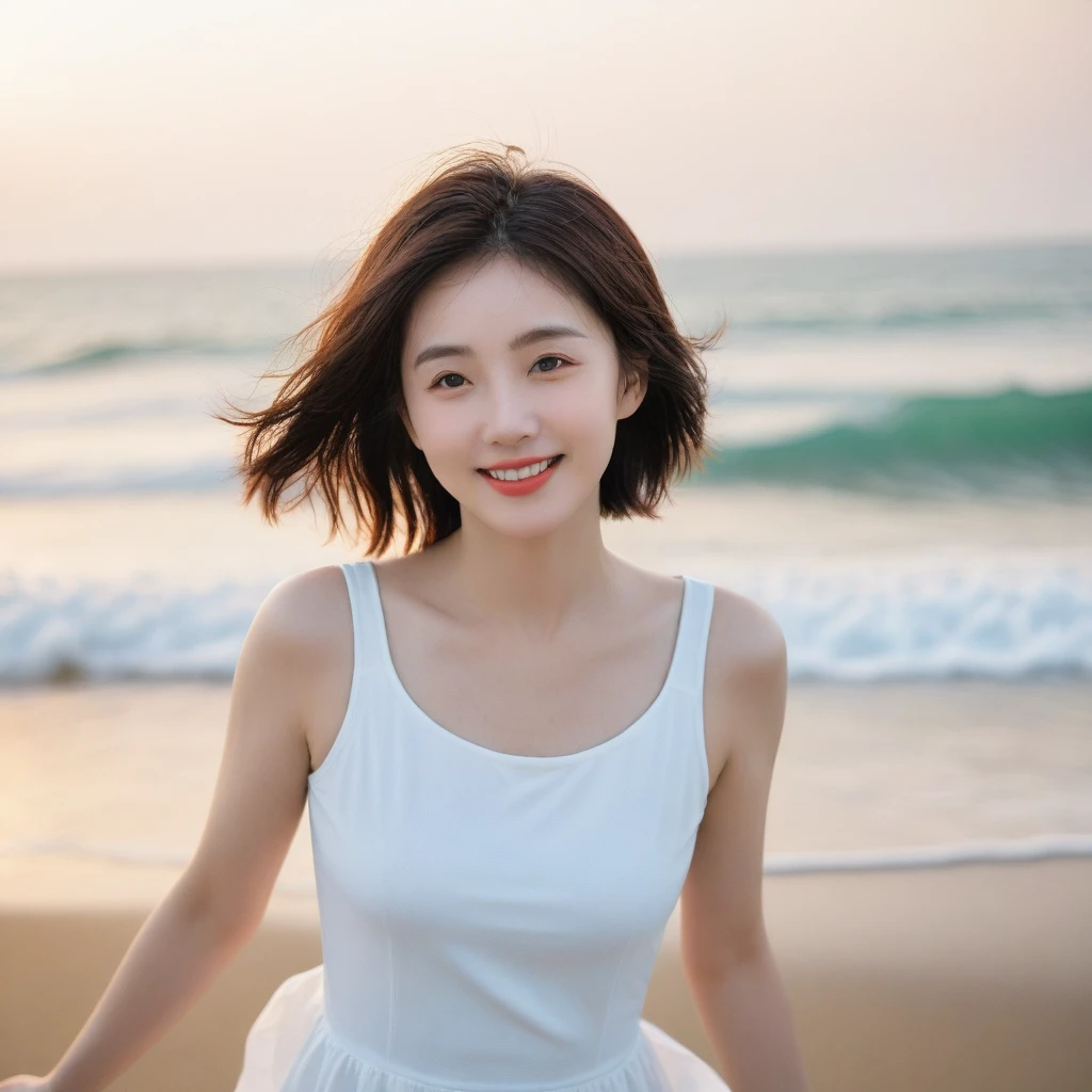 sunset on the beach，바다에 잔광이 비치네 sunset on the beach 붉은 태양，A strong lingering scent is reflected in the sea., Beautiful 46-year-old short Korean woman, Chest size 34 inches, Wear sleeveless, white light skirt. beautiful pretty woman look , wearing a light skirt , Go far into the sea water and dip your toes., Short medium hair blowing in the wind, 1 short woman, beautiful eyes, a little smile, Full-body photo taken from afar with a wide-angle lens, The background is clean and perfect., waves moved by the wind, best high definition