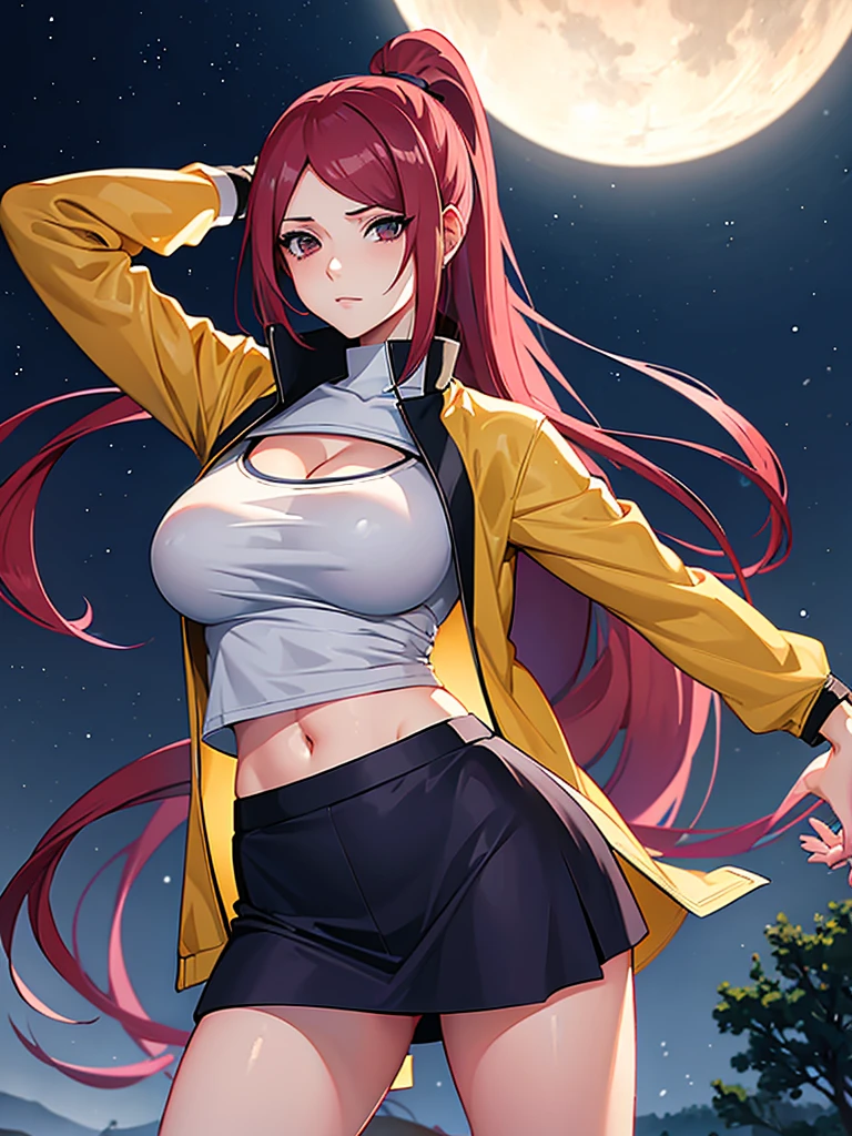 Uzumaki_kushina, big breast, wearing a jacket and white t-shirt and skirt, standing straight,face on camera, night sky,navel, cleavage ,skirt lift by hand ,ponytail,long hair,hand up,hand back