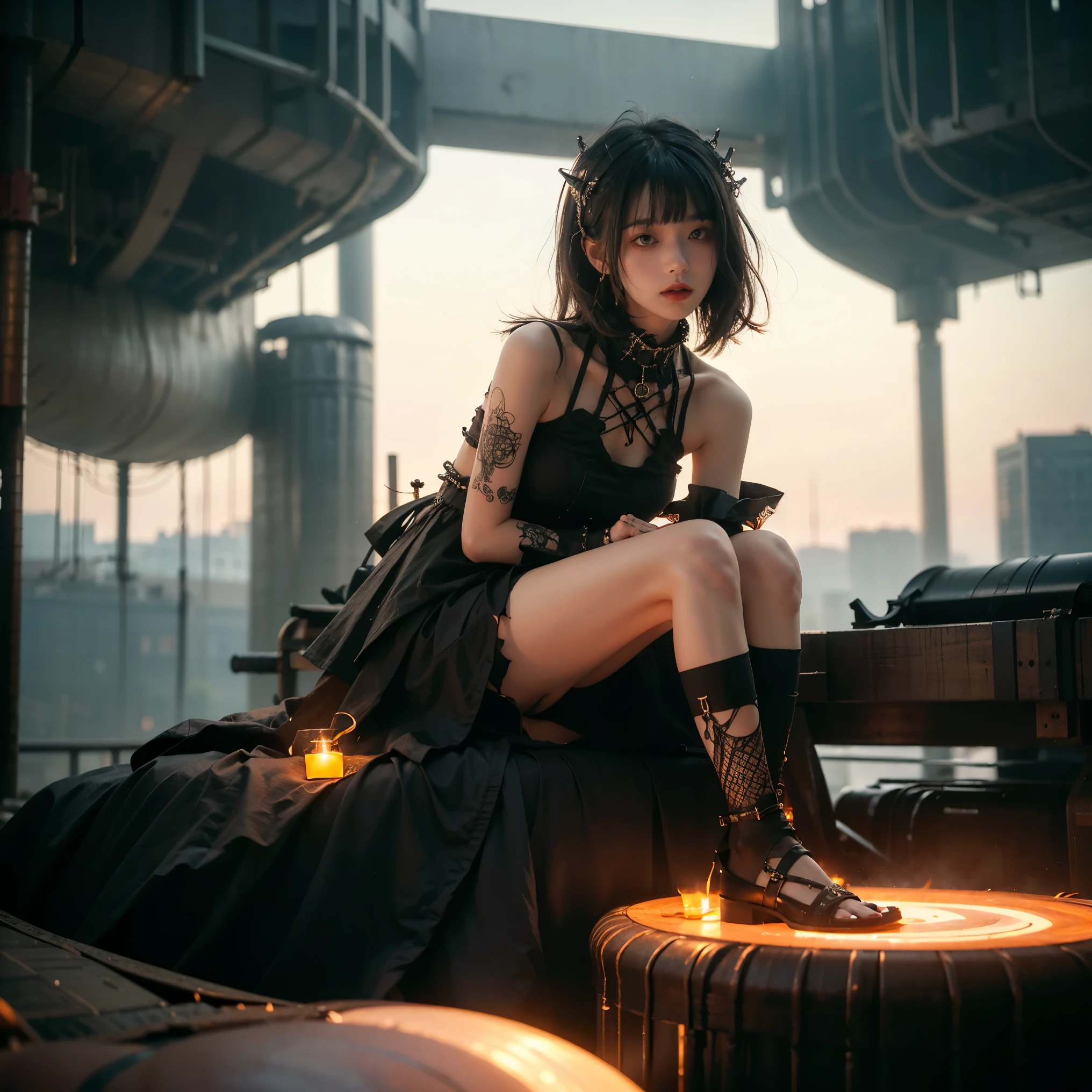 From below, Technoir, Sulky, Artistically refined, Realistic visuals, Breathtaking beauty, Diffused, natural skin glow, Girl sitting and enjoying the view, 24-years-old, thin, Floating Medium Hair, bangs, (Gothic_punk dress:1.2), masterpiece, Highest quality, RAW Photos, Candid, zwd,