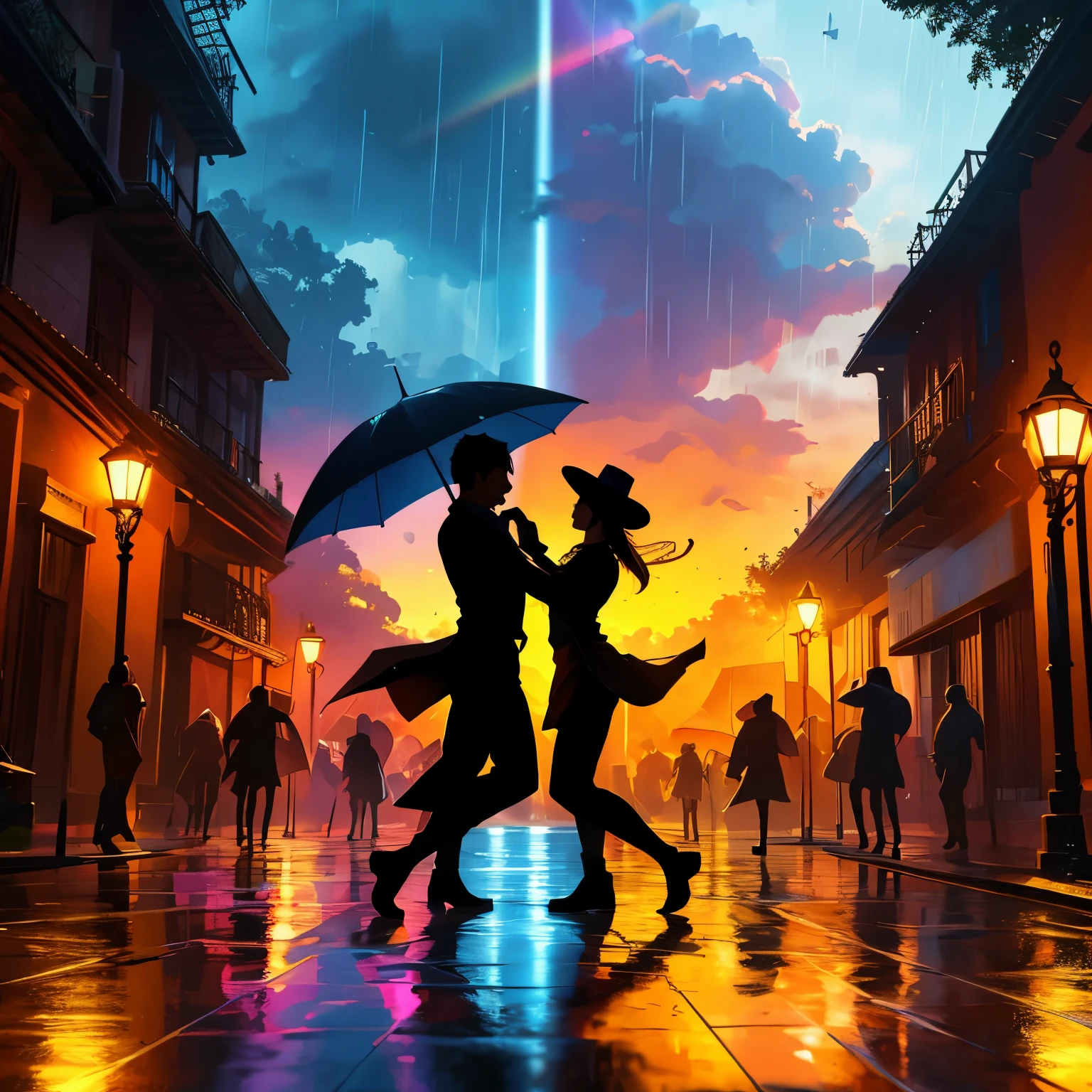 (best quality,8k,highres, masterpiece:1.2), ultra-detailed, HDR, UHD, studio lighting, ultra-fine painting, sharp focus, physically-based rendering, extreme detail description, professional, vivid colors, concept artists, warm color palette, dramatic lighting,(Pouring rain), men dancing with umbrellas, blue sky through the clouds, rainbows in the sky, (silhouette art)