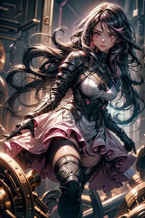 Dark-haired Scandinavian girl wearing half-plate armor and a frilly skirt over a skin-tight black bodysuit, (Pink long hair:1.4)...