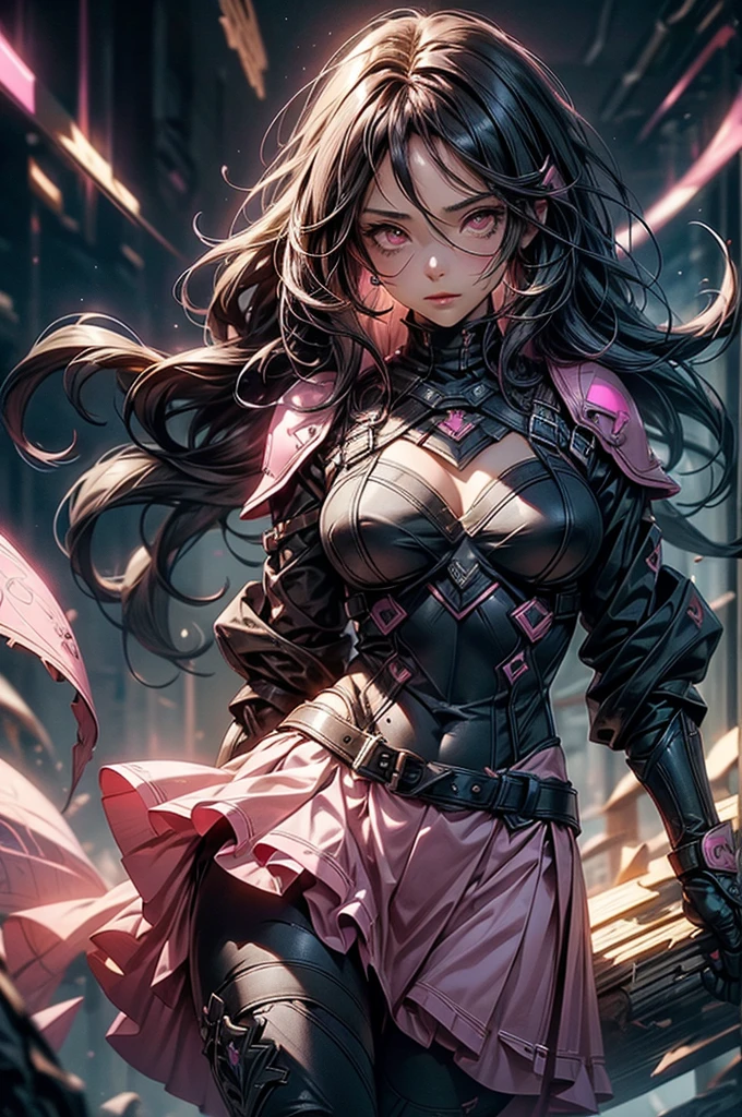 Dark-haired Scandinavian girl wearing half-plate armor and a frilly skirt over a skin-tight black bodysuit, (Pink long hair:1.4), Red eyes,Attractive breasts、High resolution (High Dynamic Range), Ray Tracing, NVIDIA, Super Resolution, Scattered under the surface, Anisotropic Filtering, Written boundary depth ,Maximum clarity and sharpness, Surface Shading, Two-tone lighting