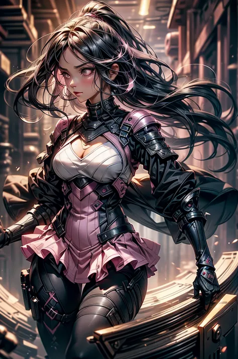 Dark-haired Scandinavian girl wearing half-plate armor and a frilly skirt over a skin-tight black bodysuit, (Pink long hair:1.4)...