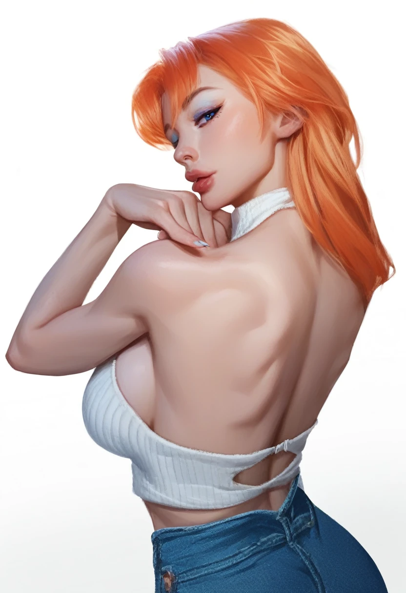 fuzzy, traditional art, Liu2, brush texture, check_9, check_8_up, check_7_up, 1 girl, orange hair, up to the shoulder blades, straight hair, long hair, Blue eyes, Plump lips, Long eyelashes, half-closed eyes, adult, beautiful make-up, big breasts, blue eyeshadow, Looking at the viewer, BREAK solo, standing, adult, skinny, high leg, arched back, hip gap, BREAK (White background:1.2), simple background, dynamic pose, dynamic angle, Corner shot, casual wear, Beautiful anatomy, perfect hands, High-quality fingers, good hands, high detail, detailed art