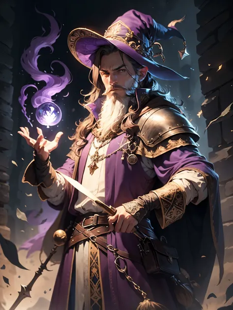 medieval wizard in action pose, with a purple clothes