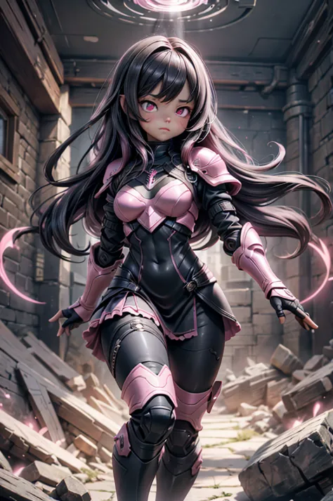 Dark-haired Scandinavian girl wearing half-plate armor and a frilly skirt over a skin-tight black bodysuit, (Pink long hair:1.4)...