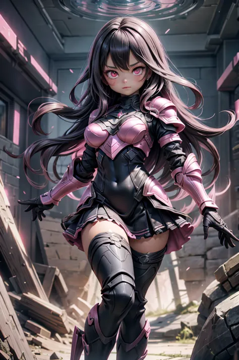 Dark-haired Scandinavian girl wearing half-plate armor and a frilly skirt over a skin-tight black bodysuit, (Pink long hair:1.4)...