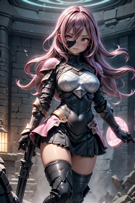 Dark-haired Scandinavian girl wearing half-plate armor and a frilly skirt over a skin-tight black bodysuit, (Pink long hair:1.4)...