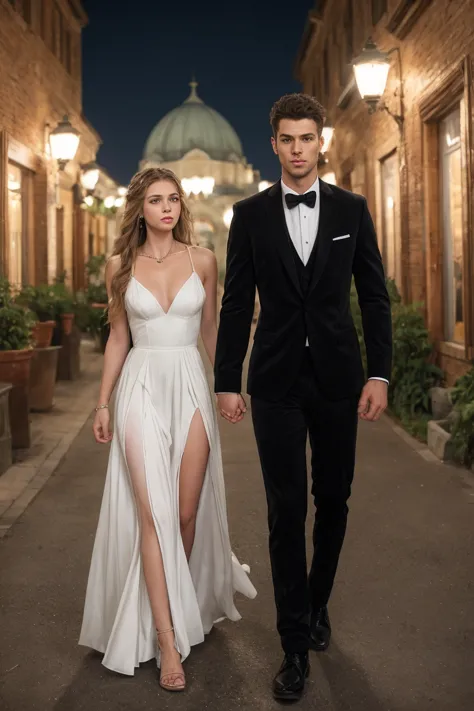 break raw picture , realistic photography , handsome men outfit , beautiful female long dress,   romance holding hand, party